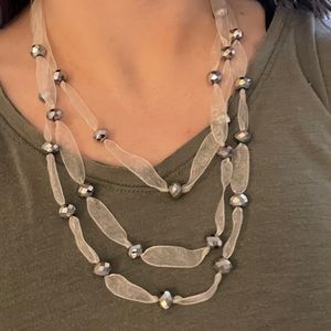 Three tier layered ribbon necklace silver balls